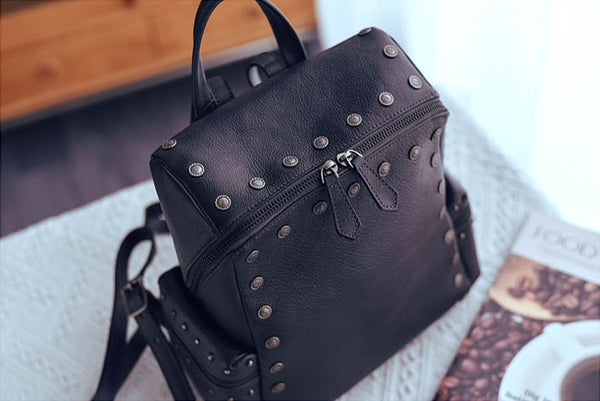 Rivets Ladies Genuine Leather Backpack Purse Ladies Small Leather Rucksack Front