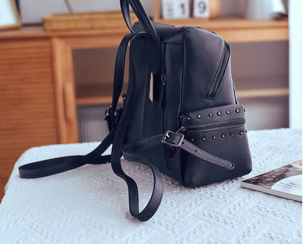 Rivets Ladies Genuine Leather Backpack Purse Ladies Small Leather Rucksack Gift idea