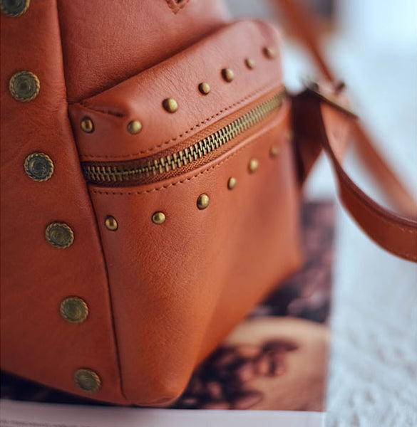 Rivets Ladies Genuine Leather Backpack Purse Ladies Small Leather Rucksack Latest