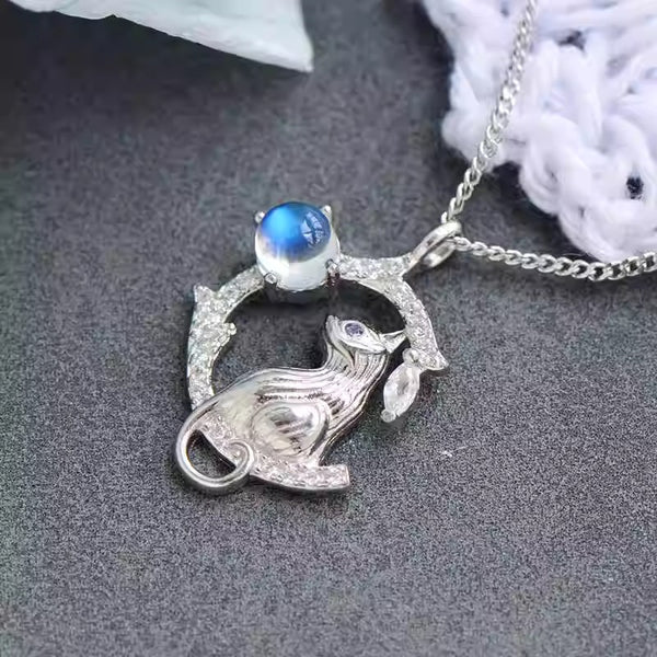 Silver Cat And Blue Moonstone Pendant Necklace For Women Chic