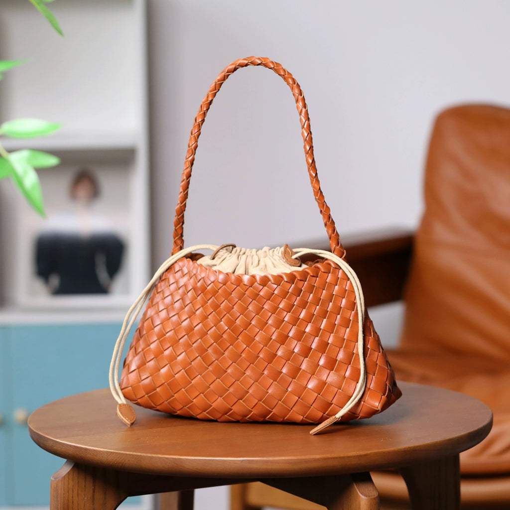 Small Handmade Woven Top-Grain Leather Shoulder Bag for Women Underarm Purse with Inner Pouch Accessories