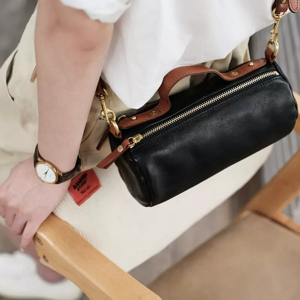 Small Ladies Barrel Bag Leather Over The Shoulder Bag Leather Crossbody Purse Black