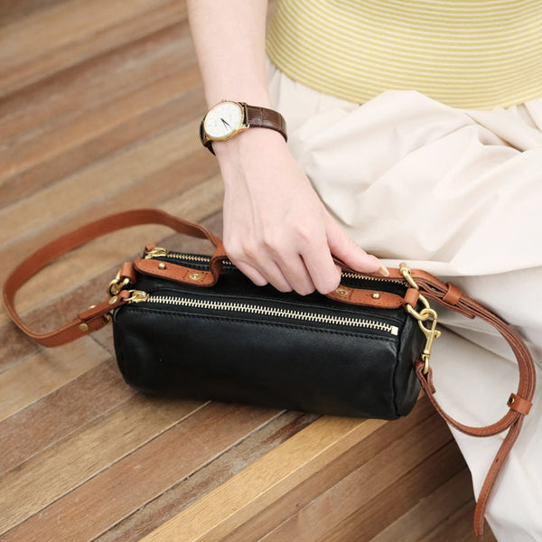 Small Ladies Barrel Bag Leather Over The Shoulder Bag Leather Crossbody Purse Chic