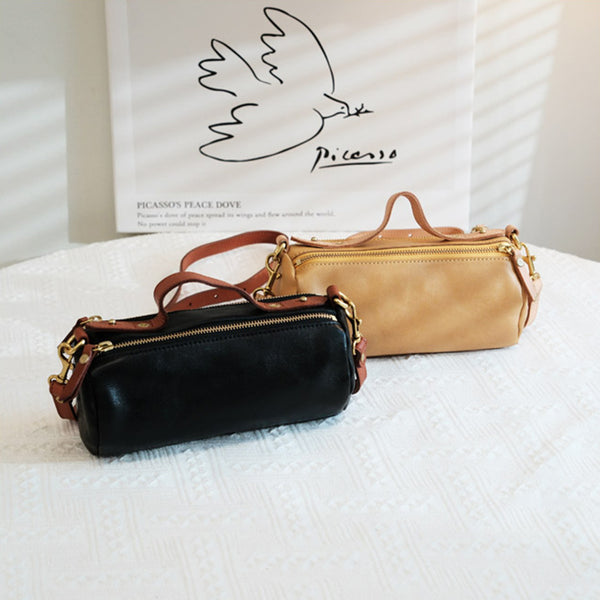 Small Ladies Barrel Bag Leather Over The Shoulder Bag Leather Crossbody Purse Details