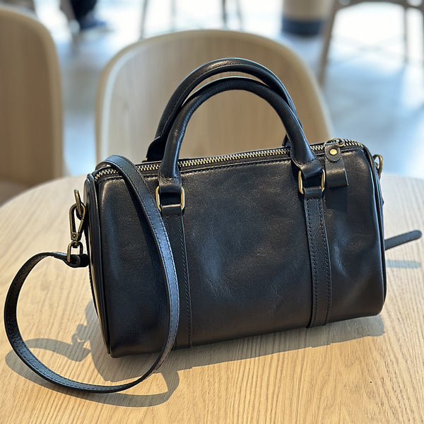 Small Vintage Leather Handbag for Women Crossbody Boston Purse Black