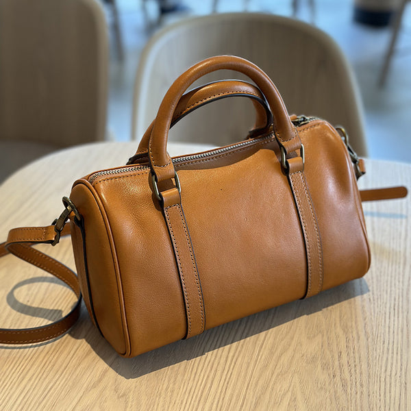 Small Vintage Leather Handbag for Women Crossbody Boston Purse Brown