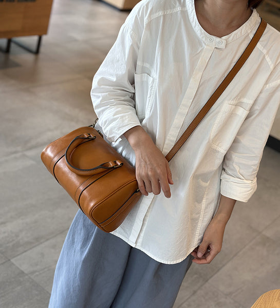 Small Vintage Leather Handbag for Women Crossbody Boston Purse Casual