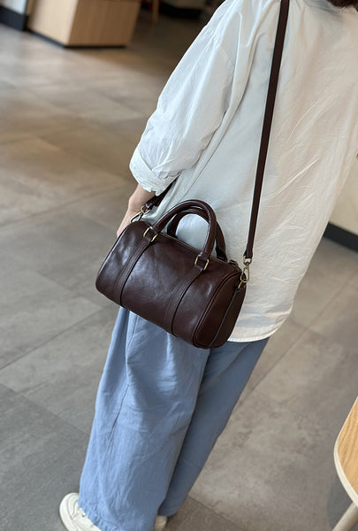 Small Vintage Leather Handbag for Women Crossbody Boston Purse Chic