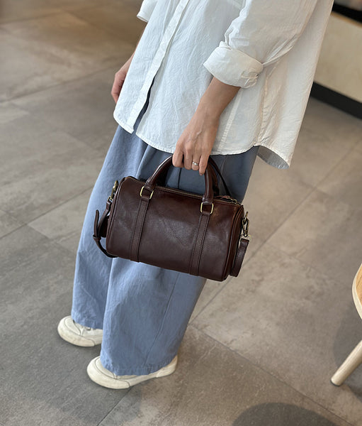 Small Vintage Leather Handbag for Women Crossbody Boston Purse Classic