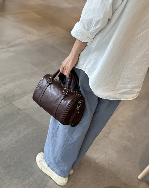 Small Women's Genuine Leather Boston Bag Pillow Style Handbag with Shoulder Strap