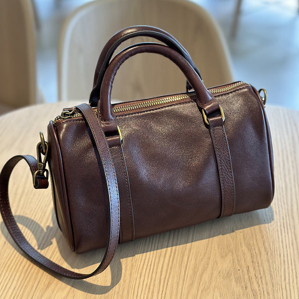 Small Vintage Leather Handbag for Women Crossbody Boston Purse Coffee