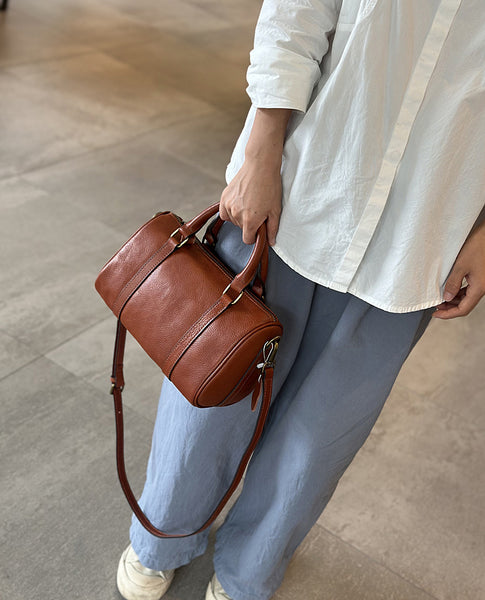 Womens Classic Boston-Style Leather Handbag Vintage Crossbody Purse for Ladies