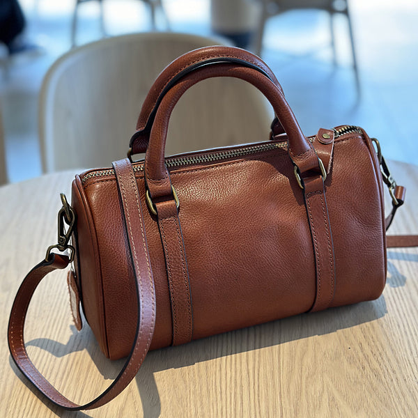 Small Vintage Leather Handbag for Women Crossbody Boston Purse Genuine-Leather