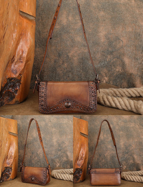 Small Womens Rivet Cowhide Crossbody Purse Ladies Shoulder Bags Brown