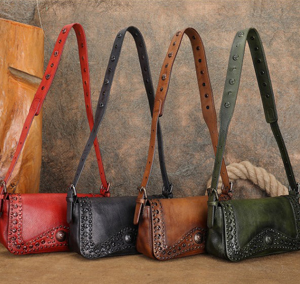 Small Womens Rivet Cowhide Crossbody Purse Ladies Shoulder Bags Chic
