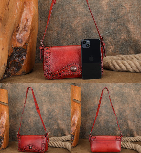 Small Womens Rivet Cowhide Crossbody Purse Ladies Shoulder Bags Classic