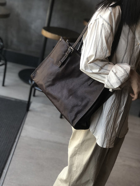 Womens Vintage Style Leather Tote Bag Large Capacity Shoulder Purse for Work School and Shopping