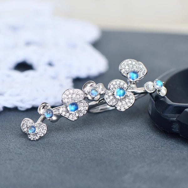 Sterling Silver Moonstone Flower Ring Adjustable Open Band White Gold Plated Affordable