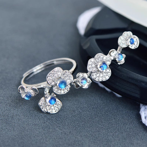 Sterling Silver Moonstone Flower Ring Adjustable Open Band White Gold Plated