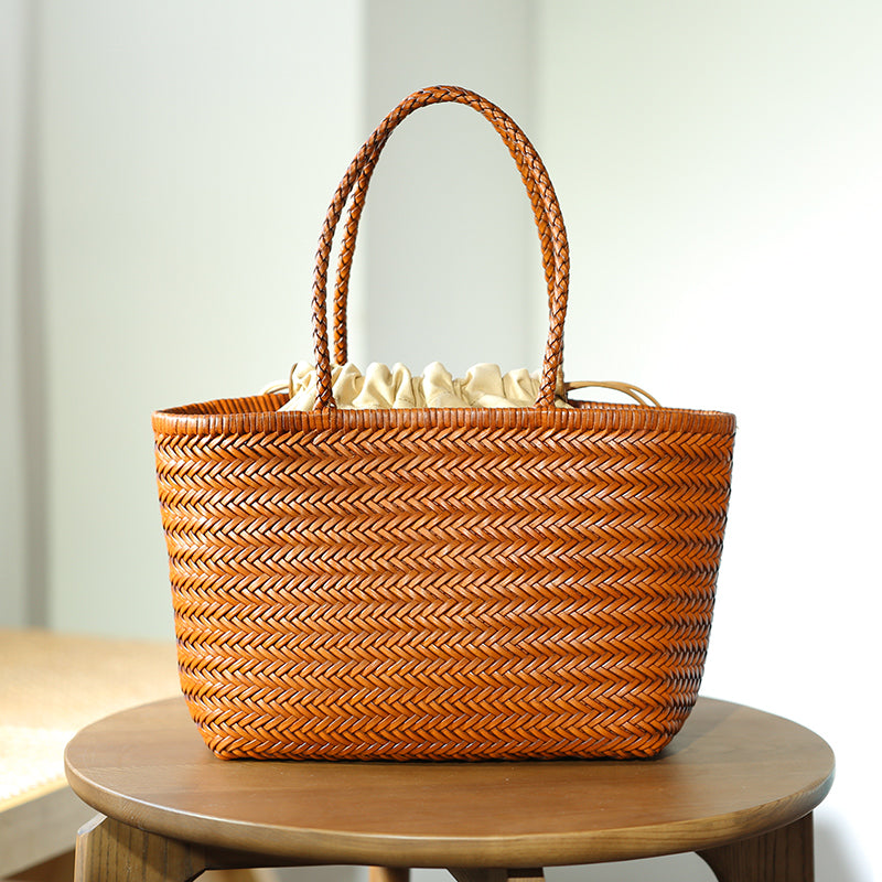 Stylish Womens Leather Tote Woven Top Handle Handbag For Women Brown