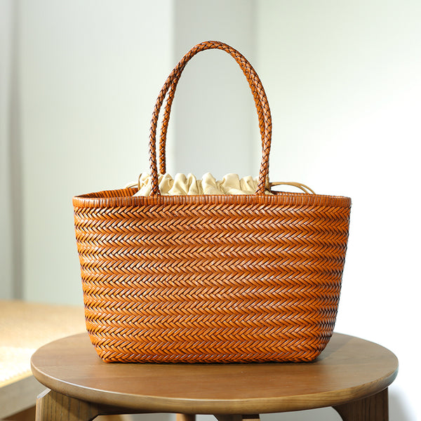 Stylish Womens Leather Tote Woven Top Handle Handbag For Women