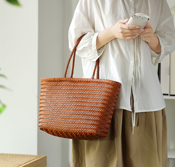 Stylish Womens Leather Tote Woven Top Handle Handbag For Women Classy