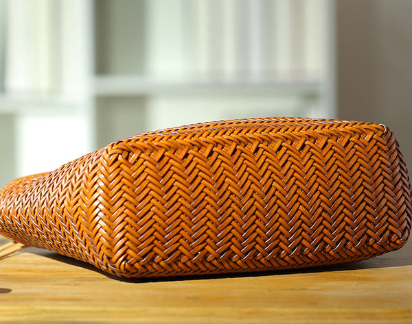 Stylish Womens Leather Tote Woven Top Handle Handbag For Women Details