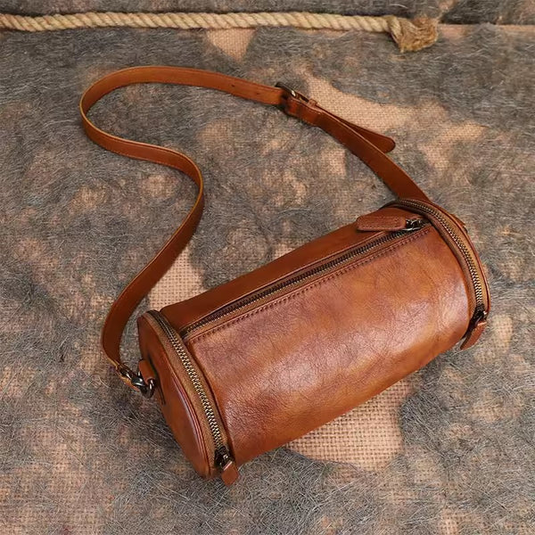 Vintage Brown Leather Barrel Shoulder Bag With Two Zipper Side Pockets Crossbody Bag For Women Accessories