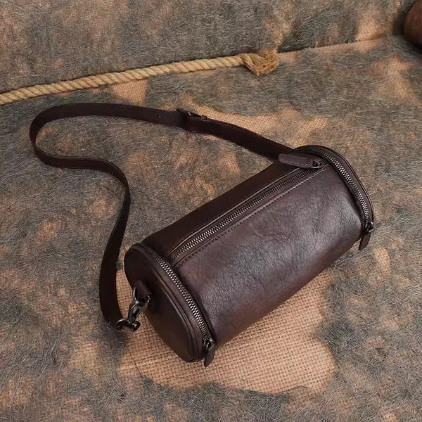 Vintage Brown Leather Barrel Shoulder Bag With Two Zipper Side Pockets Crossbody Bag For Women Badass