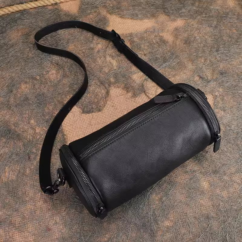 Vintage Brown Leather Barrel Shoulder Bag With Two Zipper Side Pockets Crossbody Bag For Women Beautiful