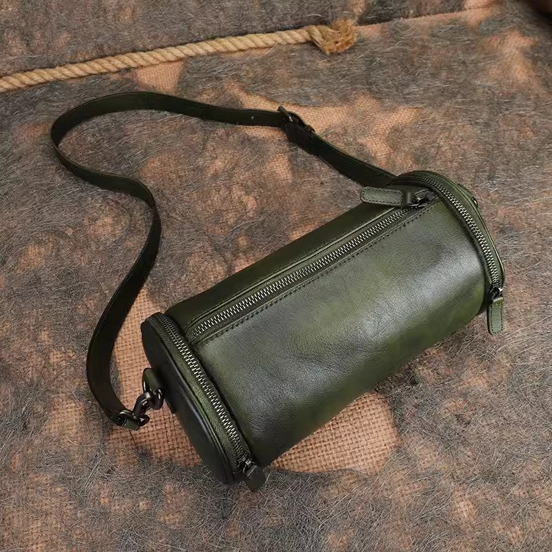 Vintage Brown Leather Barrel Shoulder Bag With Two Zipper Side Pockets Crossbody Bag For Women Best