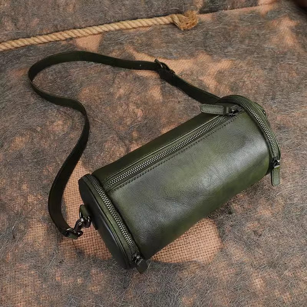 Vintage Brown Leather Barrel Shoulder Bag With Two Zipper Side Pockets Crossbody Bag For Women Best