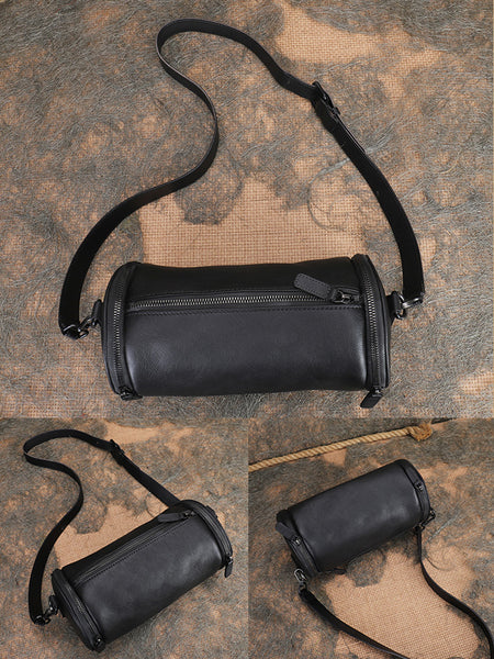 Small Womens Leather Barrel Handbag Shoulder Bag Black Crossbody Bags For Women