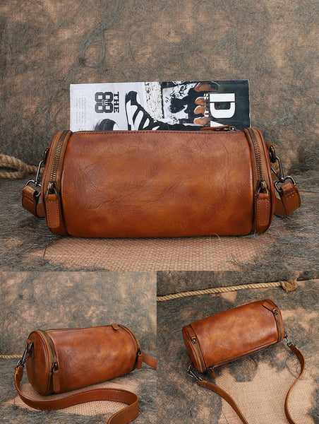Vintage Brown Leather Barrel Shoulder Bag With Two Zipper Side Pockets Crossbody Bag For Women Brown