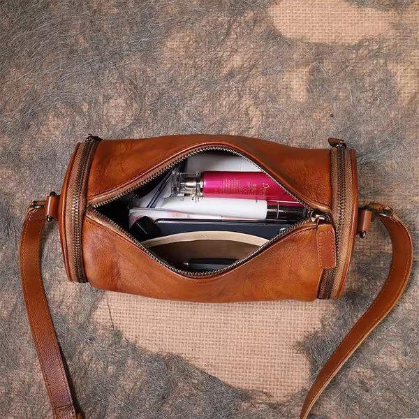 Vintage Brown Leather Barrel Shoulder Bag With Two Zipper Side Pockets Crossbody Bag For Women Capacity