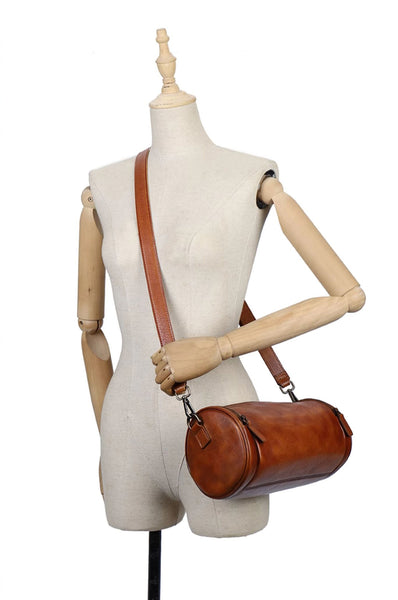 Vintage Brown Leather Barrel Shoulder Bag With Two Zipper Side Pockets Crossbody Bag For Women Chic