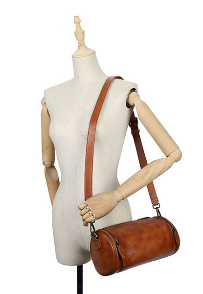 Vintage Brown Leather Barrel Shoulder Bag With Two Zipper Side Pockets Crossbody Bag For Women Classic
