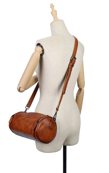 Vintage Brown Leather Barrel Shoulder Bag With Two Zipper Side Pockets Crossbody Bag For Women Classy