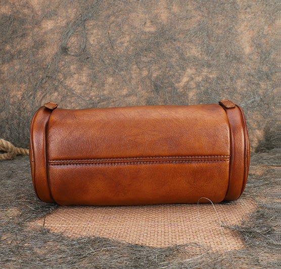 Vintage Brown Leather Barrel Shoulder Bag With Two Zipper Side Pockets Crossbody Bag For Women Cool