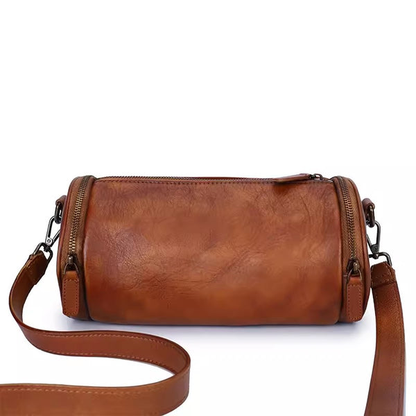 Vintage Brown Leather Barrel Shoulder Bag With Two Zipper Side Pockets Crossbody Bag For Women Cowhide