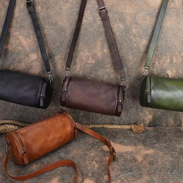 Vintage Brown Leather Barrel Shoulder Bag With Two Zipper Side Pockets Crossbody Bag For Women Cute