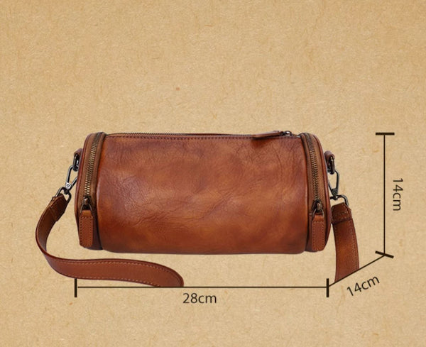 Vintage Brown Leather Barrel Shoulder Bag With Two Zipper Side Pockets Crossbody Bag For Women Details