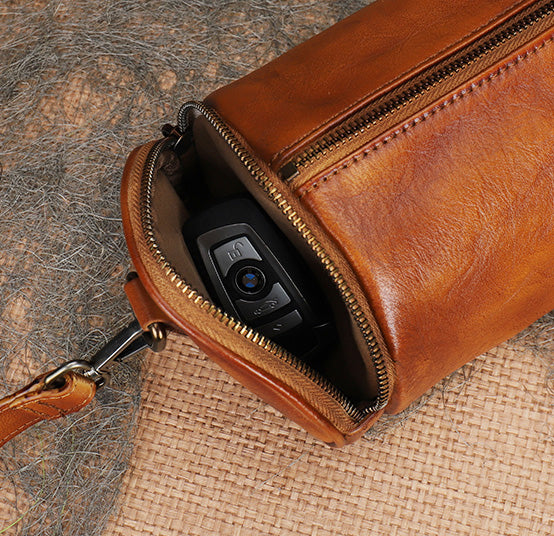 Vintage Brown Leather Barrel Shoulder Bag With Two Zipper Side Pockets Crossbody Bag For Women Durable