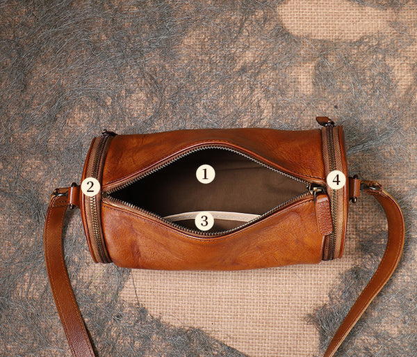 Vintage Brown Leather Barrel Shoulder Bag With Two Zipper Side Pockets Crossbody Bag For Women Inside