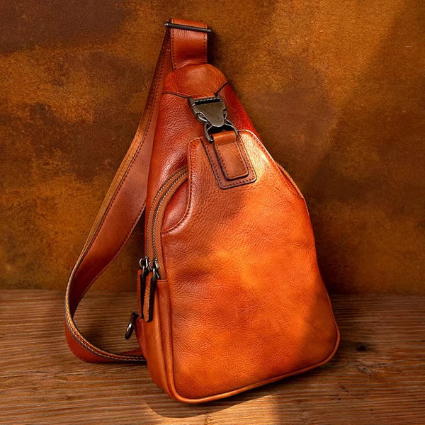Vintage Brown Leather Crossbody Sling Bag - Full Grain Chest Bag for Women Accessories