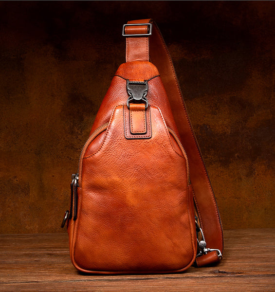 Vintage Brown Leather Crossbody Sling Bag - Full Grain Chest Bag for Women Affordable