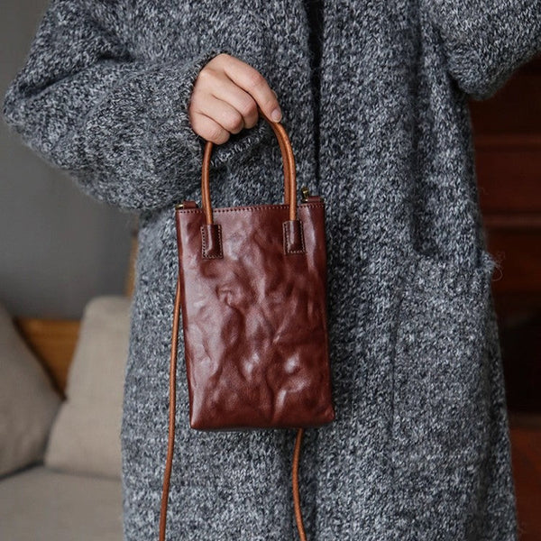 Vintage Full Grain Leather Mini Handbag Shoulder Crossbody Phone Bag Accessories