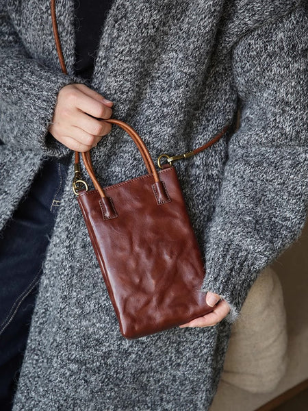 Vintage Full Grain Leather Mini Handbag Shoulder Crossbody Phone Bag
