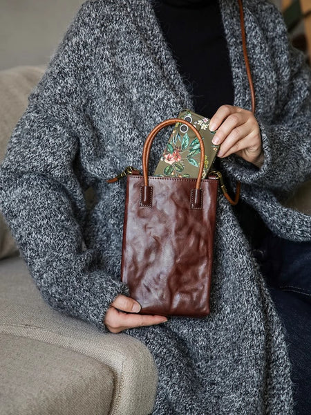 Vintage Full Grain Leather Mini Handbag Shoulder Crossbody Phone Bag Best