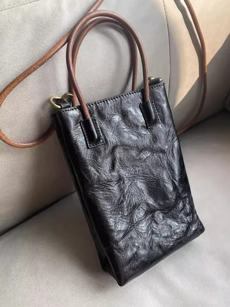 Vintage Full Grain Leather Mini Handbag Shoulder Crossbody Phone Bag Black
